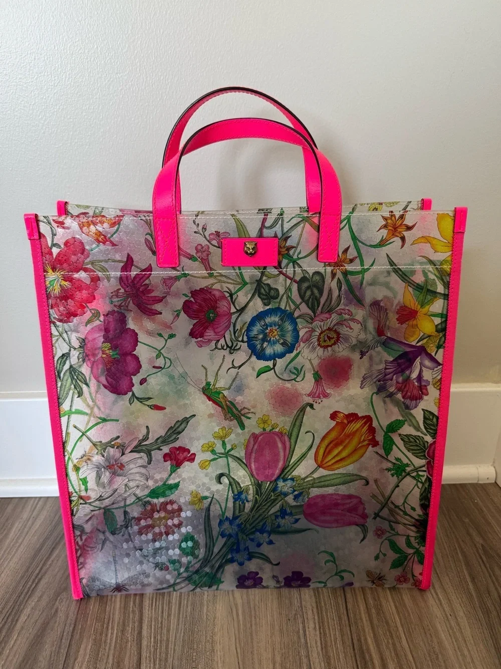 Gucci Floral Clear Tote with Hot Pink Trim